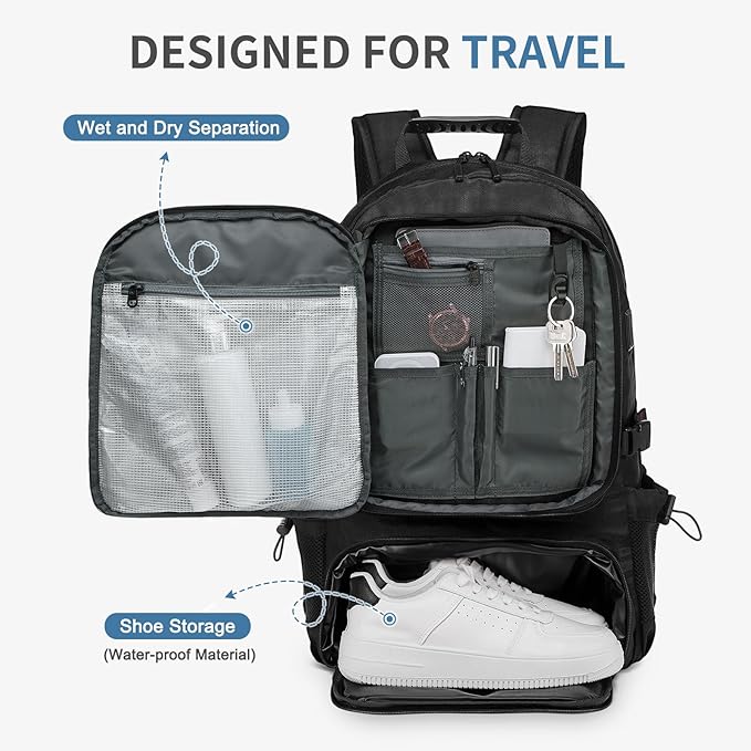 Travel Backpack for Men, 45L Expandable TSA Approved Laptop Backpack Fits 18.4 Inch, Water-Repellent W/Shoe Compartment & Wet Pocket Anti-theft Pocket, Black