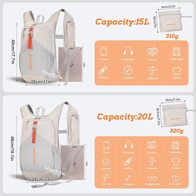 15L Small Hiking Backpack for Men Women Foldable Packable Back Pack Ultralight Hiking Daypack for Travel Camping Outdoor, Beige