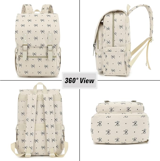 Corduroy Travel Backpack for Women, 15.6 Inch College Laptop Backpack, Fashion School Bookbag Work Backpacks (Corduroy Bow Tie)