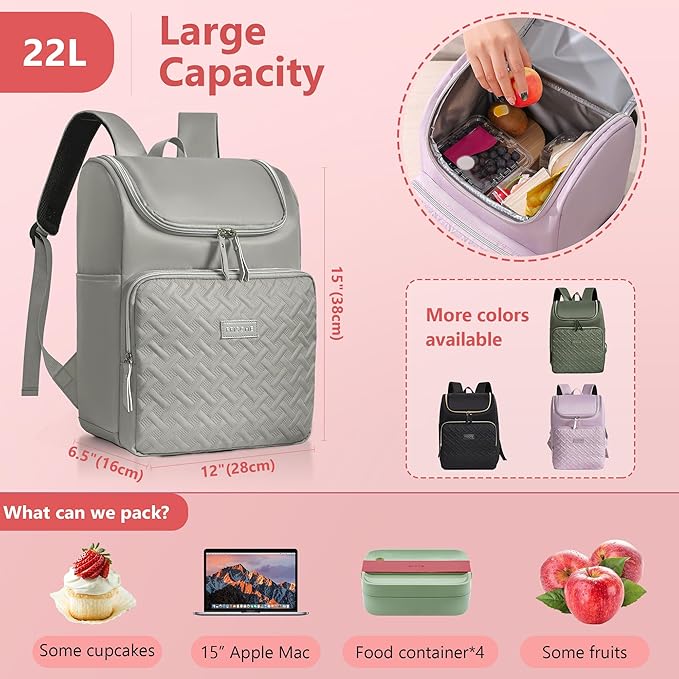 Women's Insulated Lunch Backpack for 15.6" Computer, Soft Backpack Coolers LeakProof Travel Cooler Bag Waterproof Lunch Picnic Beach Work Trip Thermal Bag Drink Beverage Beer (Stone Gray)