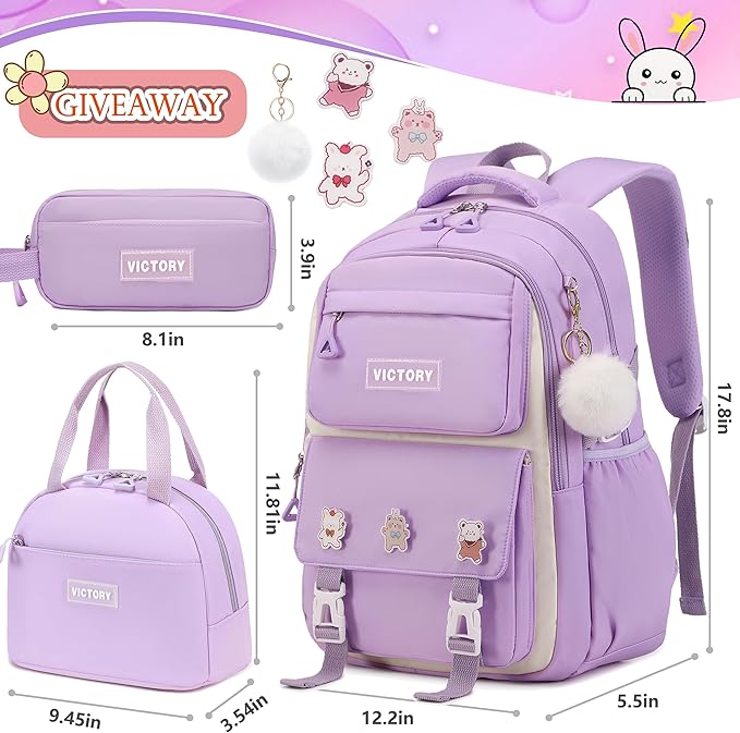 Backpack for Girls 3 PCS Cute School Backpacks Elementary Kids Book Bag with Lunch Box Pencil Case Set Laptop College Travel Back Pack Large Bookbags for Girl Teens Women Student Purple