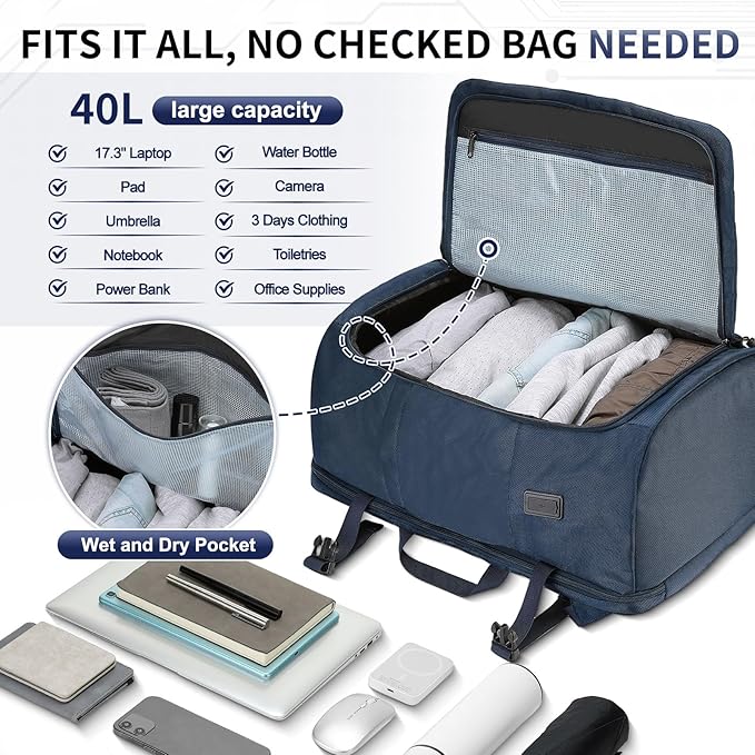 40L Travel Backpack, TSA Friendly Flight Approved Carry on Backpack for Men Women, Fits 17.3 Inch Laptop with USB-A&C Ports, Weekender Bag, Blue
