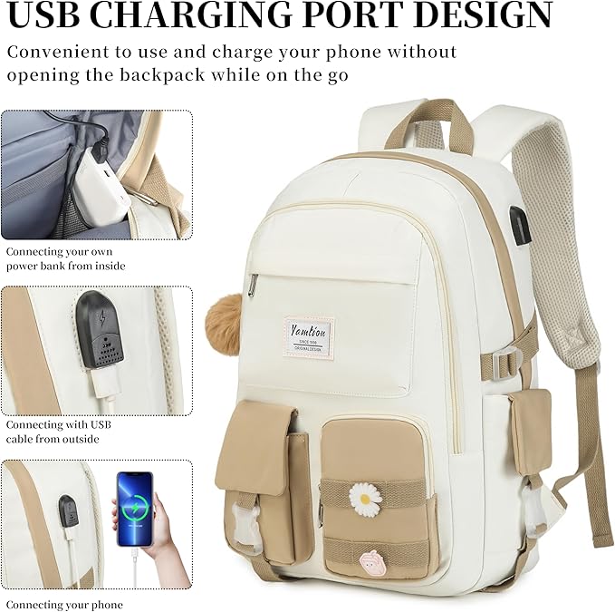 YAMTION School Backpack for Teen Girls,15.6in Laptop Backpack Kids Bookbag for Middle School College Students,Cute School Bag for Women (Khakibeige, Fits 15.6in PC)