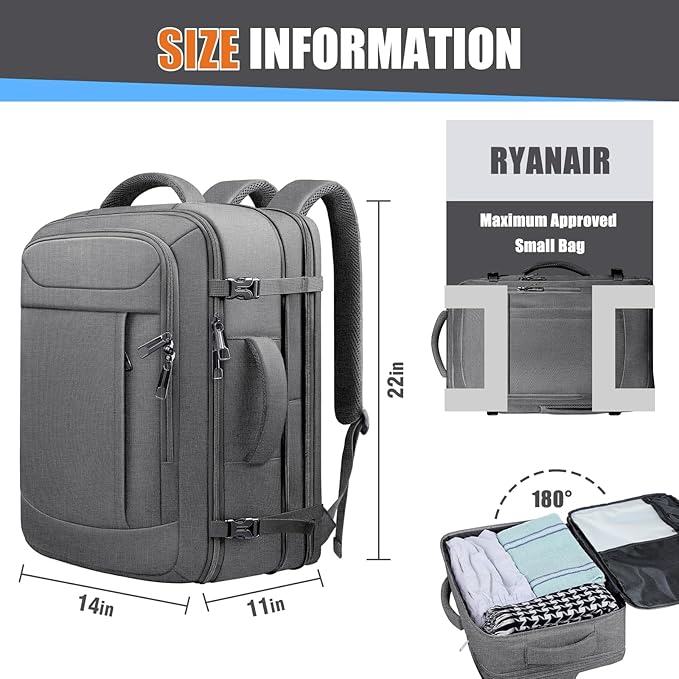 Expandable Carry on Backpack 50L-60L, Extra Large Travel Backpack Hiking Camping Rucksack with Waterproof Wet Pocket, Anti-Theft 19 Inch Gaming Laptop Bag for Road Trip Outdoor Sports, Grey
