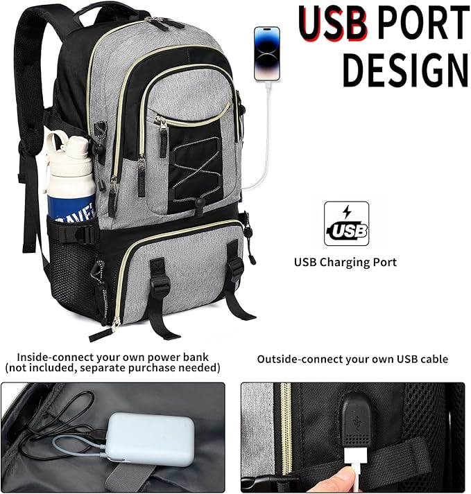 GAEKEAO Travel Backpack For Women Men Airline Approved 16 Inch Carry On Backpack with USB Charging Port Lightweight Casual Daypack for Hiking Business College Black with Grey
