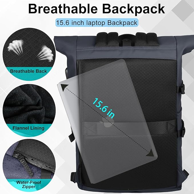Rolltop Backpack for Men Women, 15.6 Inch Waterproof Travel Backpack with USB Charging Port, Expandable 18-27L Laptop Backpack Casual Daypack for Work Business College-Blue