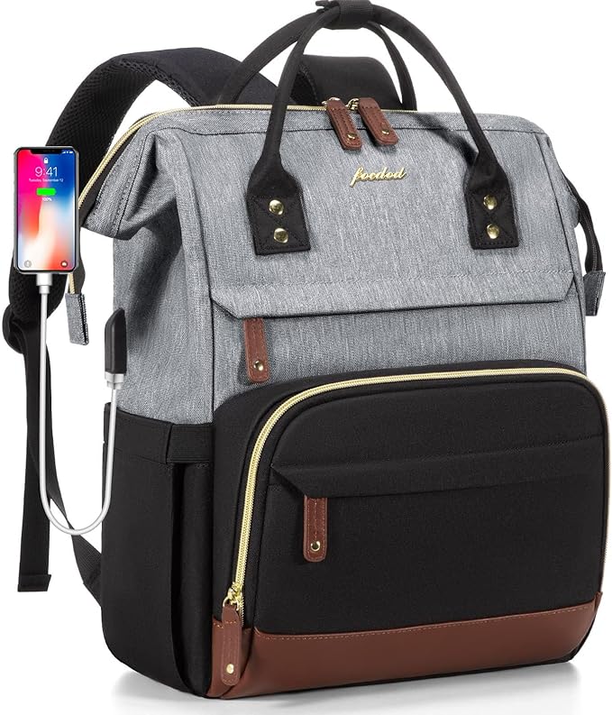 Women Laptop Backpack Work Bag: 17 inch Travel Computer Backpacks for Nurse Teacher Waterproof College Bookbag with USB Charger Anti-theft Casual Business Backpack Purse Black Grey Brown