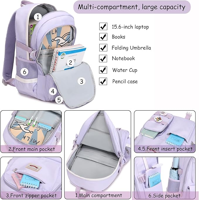 Makukke School Backpacks for Teen Girls - Laptop Backpacks 15.6 Inch College Cute Bookbag Anti Theft Women Casual Daypack,Purple Backpack