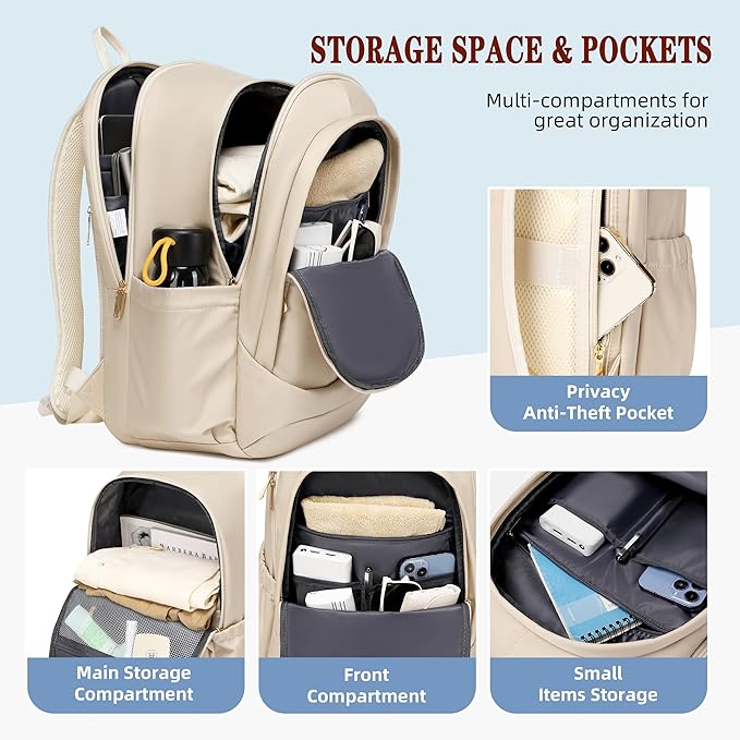 Hidds Travel Laptop Backpack for Women 15.6 Inch Computer Backpacks with USB Charging Hole Anti Theft Carry on Bag College Bookbag Large Back Pack for Work Business Travel Commuter Daypack-Champagne