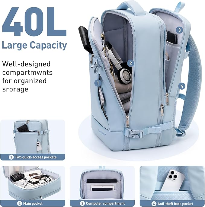 SHOWKOO Laptop Backpack for 17 Inch Laptop, 40L Expandable Large Capacity Backpack, TSA Carry On Travel Backpack with Padded Laptop Compartment, Water-Resistant College & Commuter Bag, Blue