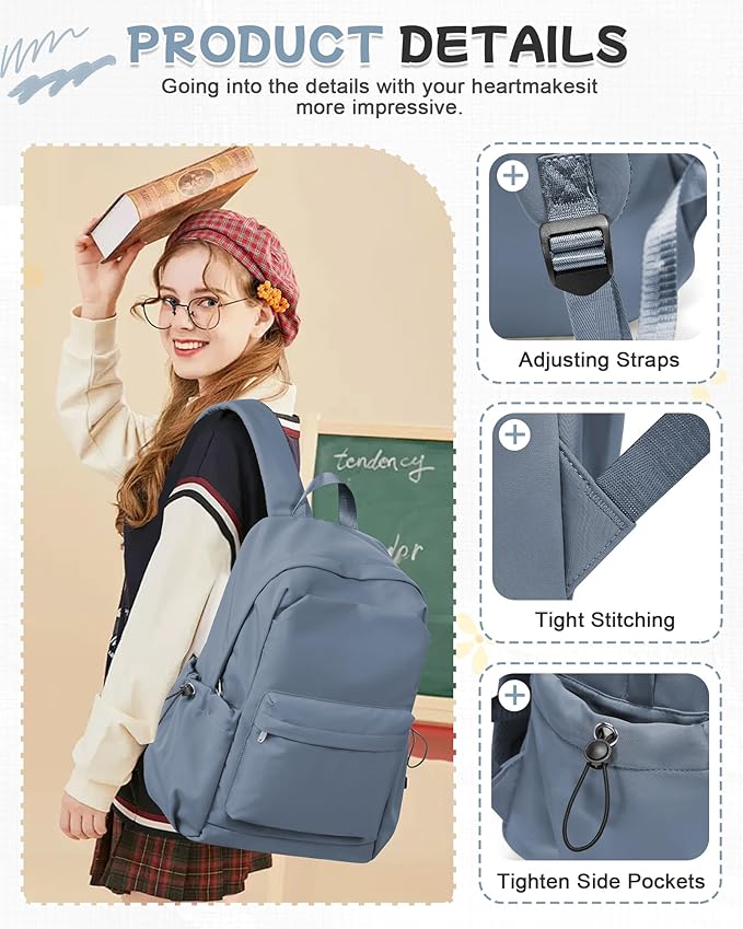 SEAFEW Blue School Backpack for Girls Boys, Small Waterproof Bookbag for Women Men, College Student School Bag, Lightweight Travel Rucksack Casual Daypack,Laptop Backpacks