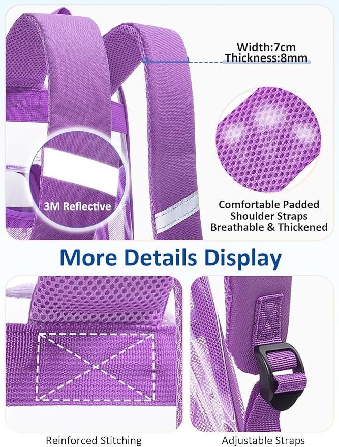 Extra Large Clear Backpack with TSA Lock, Heavy Duty Transparent See Through Clear Bookbag for College, Work, Travel, Casual Sport, Purple