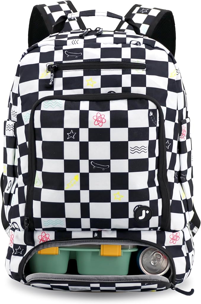 J World New York 2-in-1 Insulated Backpack Lunch Box for Kids. Adult School Bookbag, Icon Checkers