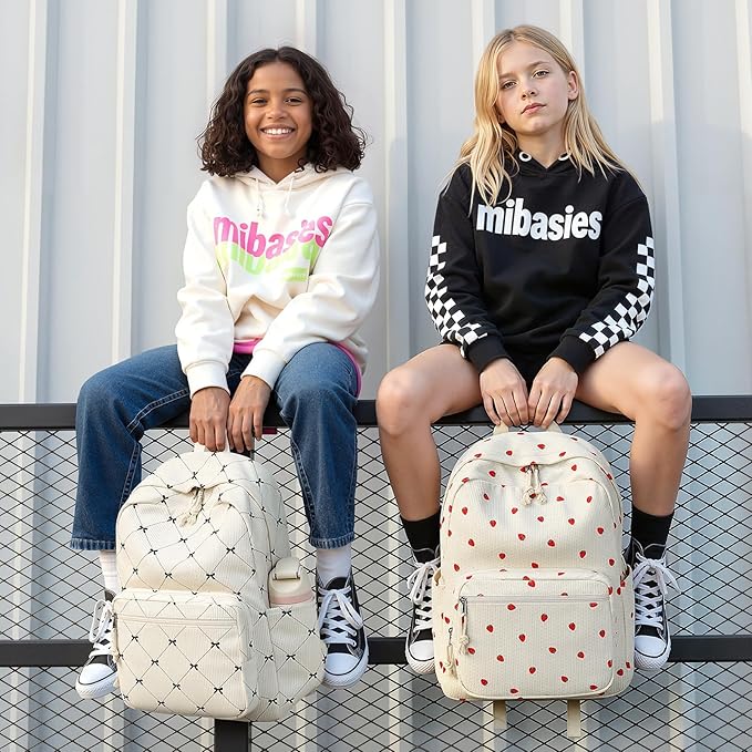 mibasies School Backpack for Girls with Laptop Sleeve: 18IN Large Capacity Corduroy Bookbag for Primary Middle School/College, Travel Daypack for Teens Women - Beige Bow