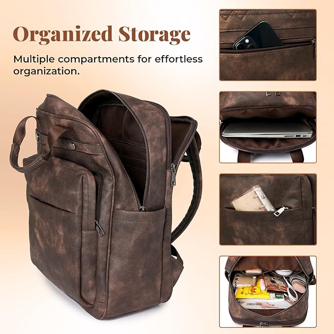PU Leather Laptop Backpack for Women | 17 Inch Laptop Backpack for Work College School - Large Capacity Computer Bag Teacher Nurse Bag Casual Daypack (Coffee)