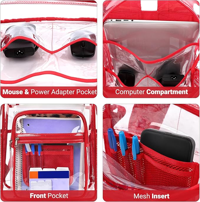 ZORFIN Clear Backpack Heavy Duty for School & Work – 17in Transparent PVC Bag with Large Capacity & Reinforced Straps – See Through Bookbag for Men, Women, Boys & Girls, Workplace Security - Red