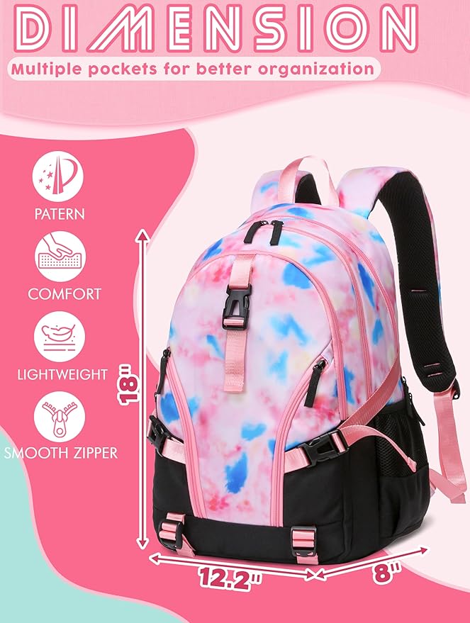 BLUEFAIRY High School Backpack for Girls Boys Middle School Bookbag for Kids Back to School Bag for College with Large Compartment Casual Daypack Mochilas para Niñas Adolescentes 18" Tie Dye Pink
