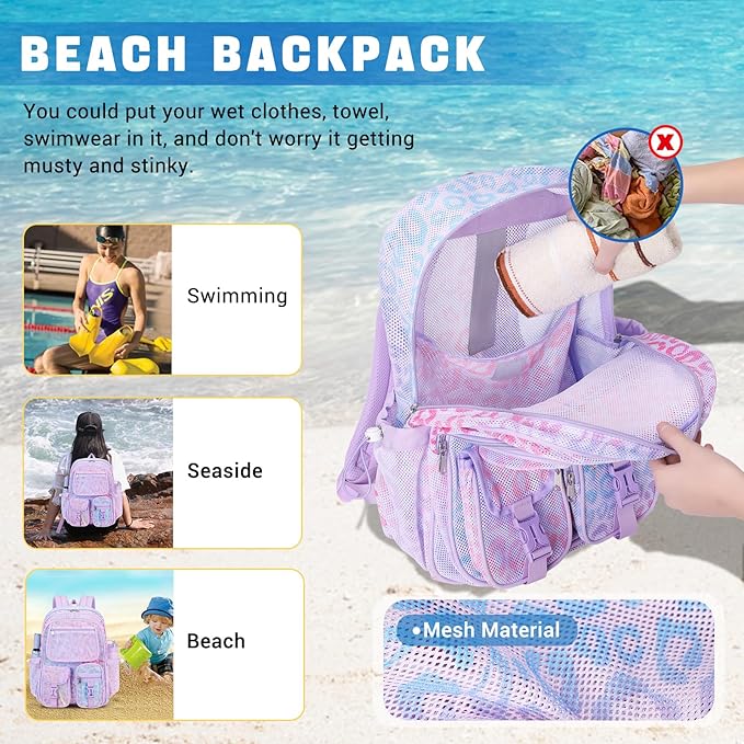 MOONBABY Mesh Backpack Heavy Duty See Through Net Bookbag Semi-Transparent Net Back Pack for Beach, Swimming, Sports, Work, Travel (Purple Leopard)