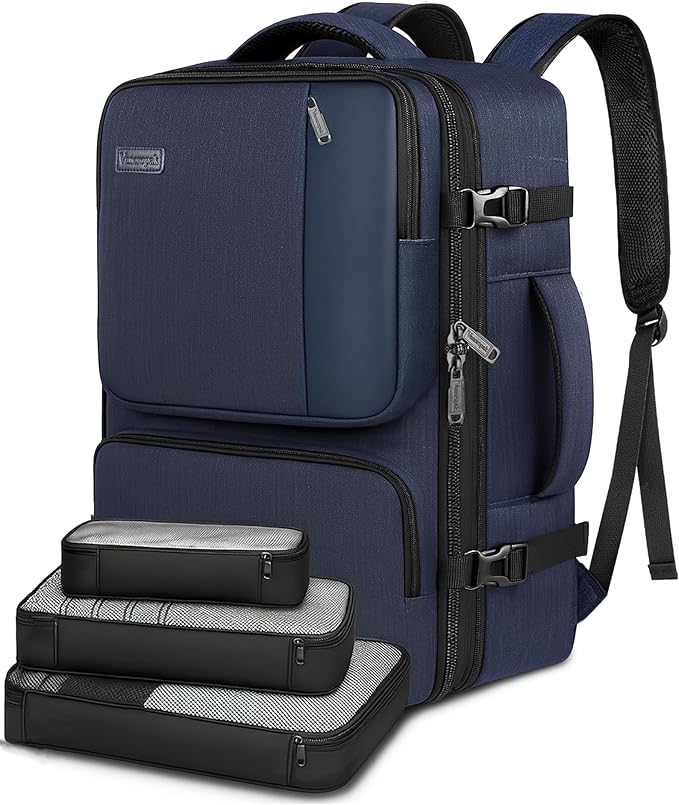Vancropak Personal Item Backpack for Airlines, Expandable Travel Backpack with 3 Packing Cubes, TSA Flight Approved Carry on Travel Bag, Large Water Resistant Luggage Suitcase bag for Men Women, Blue
