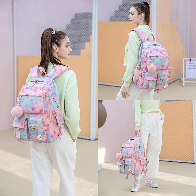 Hidds Laptop Backpacks 15.6 Inch College Backpack Elementary Middle High School Book Bag Kids Cute Bookbags Anti Theft Travel Back Pack Casual Daypack for Teens Girls Women Students (Tie-Dye Pink)