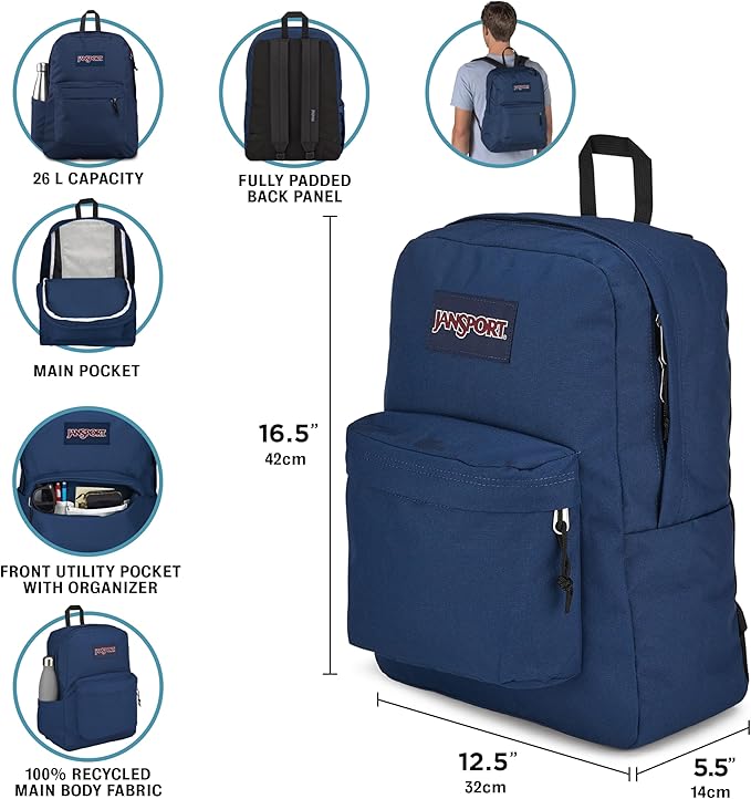 JanSport SuperBreak Plus Backpack with Padded 15-inch Laptop Sleeve and Integrated Bottle Pocket - Spacious and Durable Daypack for Work and Travel - Blossom Bae Blue