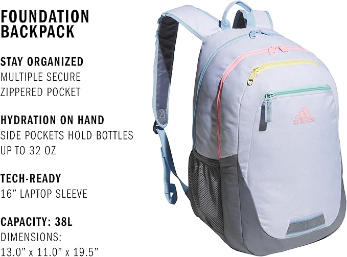 adidas Unisex Foundation Backpack for Laptop, Large Durable Athletic Gym Bag