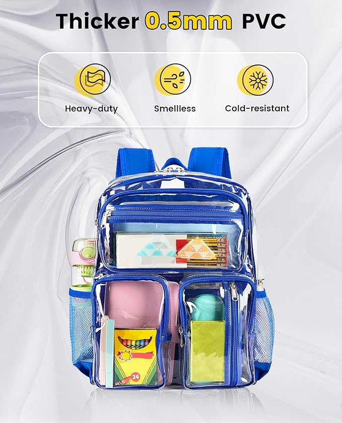 Vorspack Clear Backpack for School - Heavy Duty See Through Bookbag for Girls Boys Large Transparent Backpacks for Work, Travel, Festival - Blue