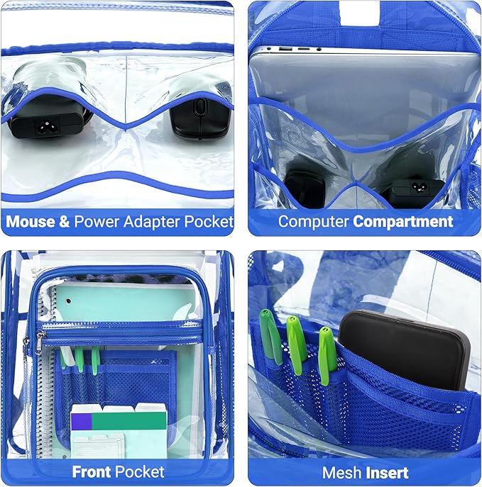 ZORFIN Clear Backpack Heavy Duty for School & Work – 17in Transparent PVC Bag with Large Capacity & Reinforced Straps – See Through Bookbag for Men, Women, Boys & Girls, Workplace Security - Blue