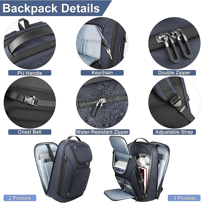 hk Business Smart Backpack for Men Anti-Theft for 17.3 Inch Laptop with USB Charging Port Water-Resistant Large Durable Compact 30L for Travel College Work-Deep Blue