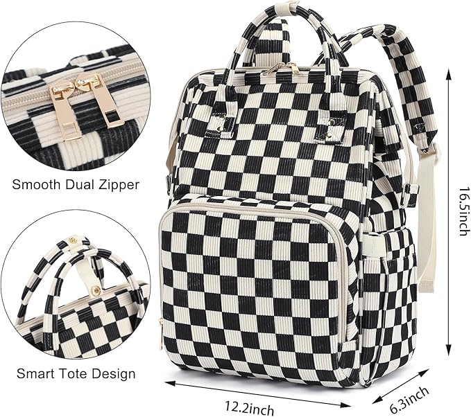 Laptop Backpack for Women, Corduroy College School Backpack Bookbag 15.6 inch Business Computer Travel Backpack (Checkered Black)