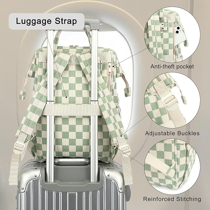 Laptop Backpack for Women, Corduroy College School Backpack Bookbag 15.6 inch Business Computer Travel Backpack (Checkered Green)