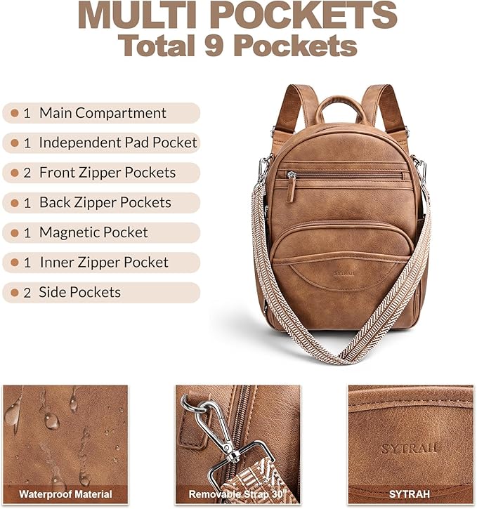 Small Backpack Purse for Women, Mini Backpack Vegan Leather with RFID Blocking & Tablet Pocket, Cute Shoulder Handbag for Travel, School & Work Brown