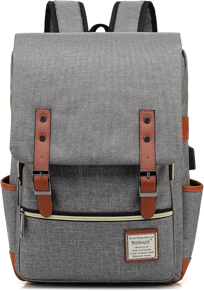 UGRACE Laptop Backpack, Grey, Unisex, 15.6" Laptop Compartment, 6 Compartments, USB Charge Port, Adjustable Shoulder Strap, PU Leather Belt
