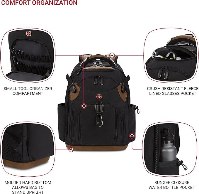 SwissGear Tool Bag Backpack, Fits Up to 17-Inch Laptop, Work Pack PRO, Black/Brown Canvas