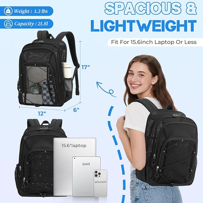 Mesh Backpack, Heavy Duty Mesh Bookbag for Girls Boys Kids, See Through Clear Backpacks, Net Backpack Transparent Breathable for School Beach Swim Travel Outdoor, Black
