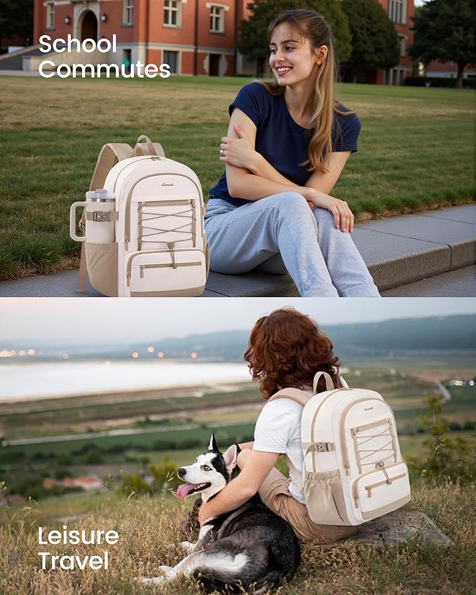 LOVEVOOK Laptop Backpack for Women & Girls, Large Capacity Everyday Backpack with Water Bottle Holder, Chic Versatile Backpack Purse, Lightweight Casual Daypack for Work, Travel, College, Beige-Khaki