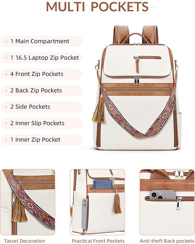 Leather Laptop Backpack for Women Designer Laptop Bag, 16.5 inch Travel Computer Backpacks Purse with Tassel for Work Business with Satchel Purse Beige Brown