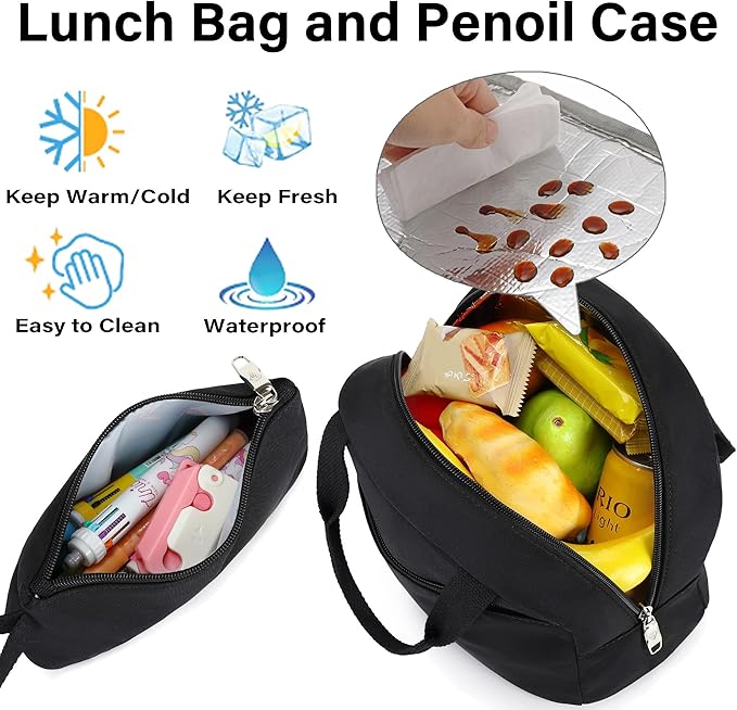 3 PCS Backpack for Teen Girls,Laptop Backpacks 15.6 Inch School Bag with Lunch Box Pencil Pouch Set for Students Aesthetic College Bookbag Travel Daypack(Black)