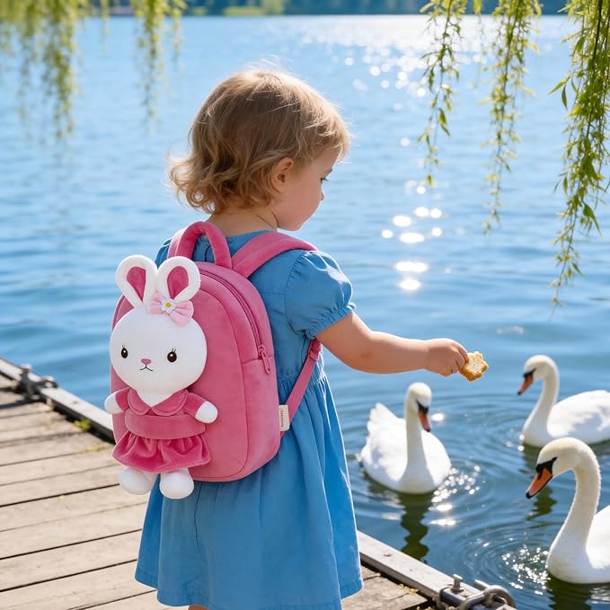 Gloveleya Kids Backpack Girl Backpack Toddler Girl Backpacks with Stuffed Bunny Toy Rose Red 9''