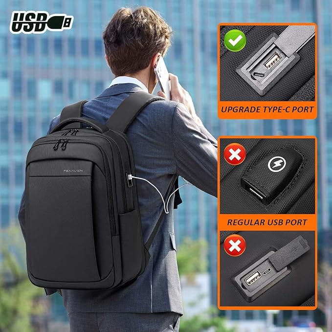 FENRUIEN Expandable Travel Backpack for Men, Water Resistant Computer Backpack with USB Charging Port，Black Laptop Bag 15.6 Inch