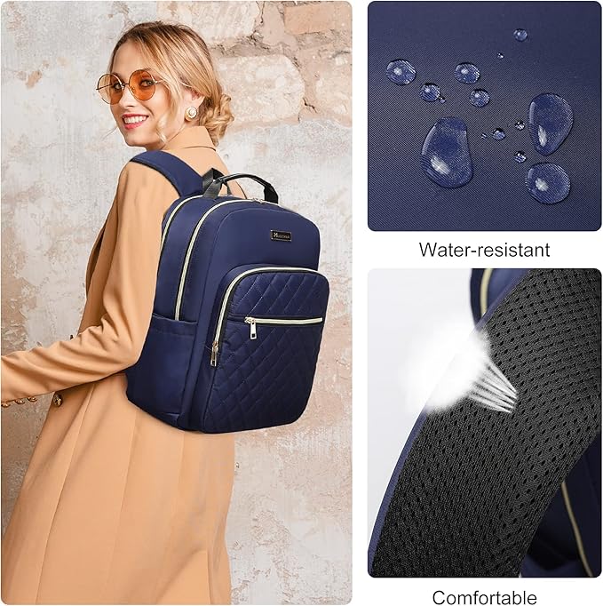 Modoker Eco-Friendly 15.6 Inch Laptop Backpack, Quilted Work Backpack for Women Bookbag Teacher Backpack with USB Charging Port, Travel Backpack Purse for Women Nurse, Blue