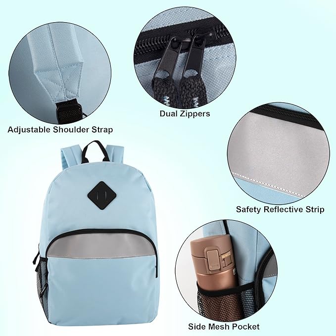 Trail maker Reflective School Backpack for Kids | Colorful Backpack with Adjustable Straps, Side Water Bottle Pockets (Blue)