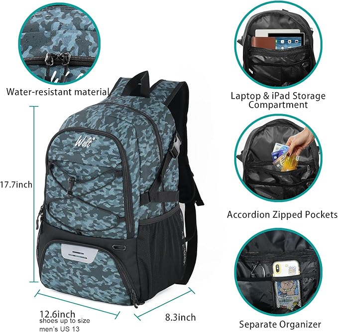 WOLT Basketball Backpack Large Sports Bag with Separate Ball Holder & Shoes Compartment, Best for Basketball, Soccer,Gym