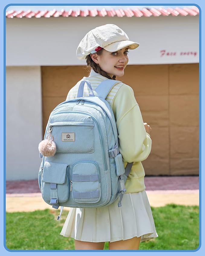 Hidds School Backpack for Teens Girls Women 15.6 Inch Laptop College Backpacks Corduroy Kids Bookbag Students Travel Daypack Womens (Blue)