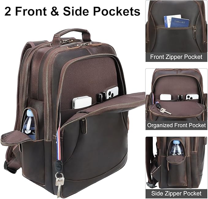 TIDING Full Grain Leather 17.3 Inch Laptop Backpack for Men Large Capacity Travel Weekender Camping Daypack Rucksack