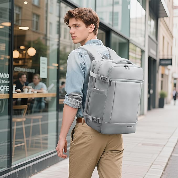 SHOWKOO Laptop Backpack for 17 Inch Laptop, 40L Expandable Large Capacity Backpack, TSA Carry On Travel Backpack with Padded Laptop Compartment, Water-Resistant College & Commuter Bag,Gray