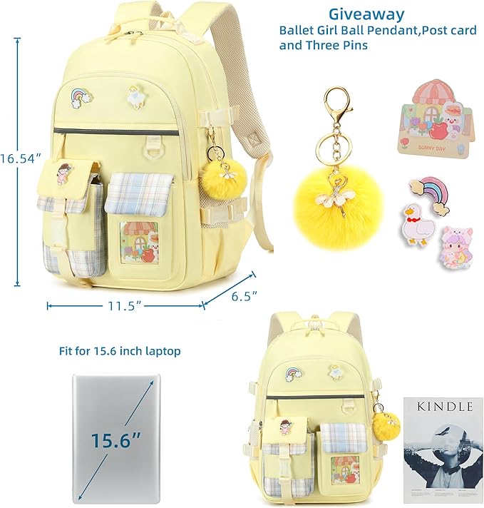 Backpack for Girls, 15.6 Inch Laptop School Bag Kids Kindergarten Elementary College Backpacks Large Bookbags for Teen Girl Women Students Casual Travel Daypacks (Yellow)