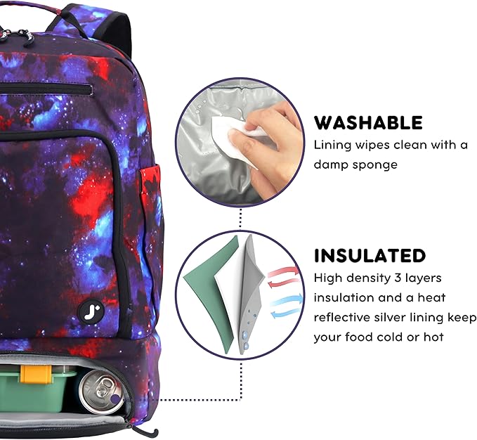 J World New York 2-in-1 Insulated Backpack Lunch Box for Kids. Adult School Bookbag, Galaxy