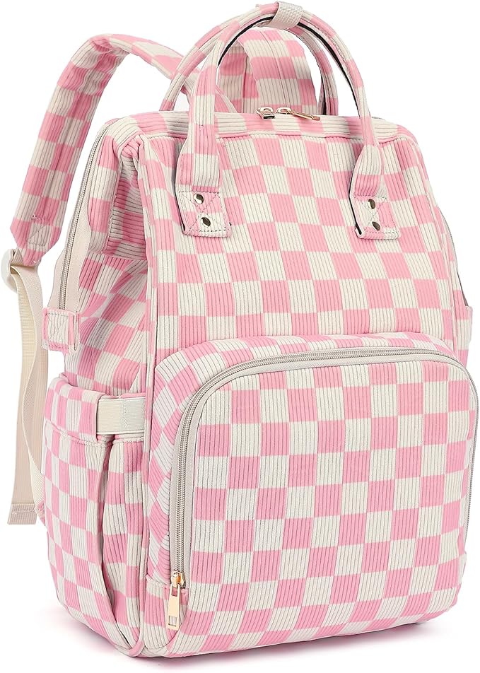 Laptop Backpack for Women, Corduroy College School Backpack Bookbag 15.6 inch Business Computer Travel Backpack (Checkered Pink)
