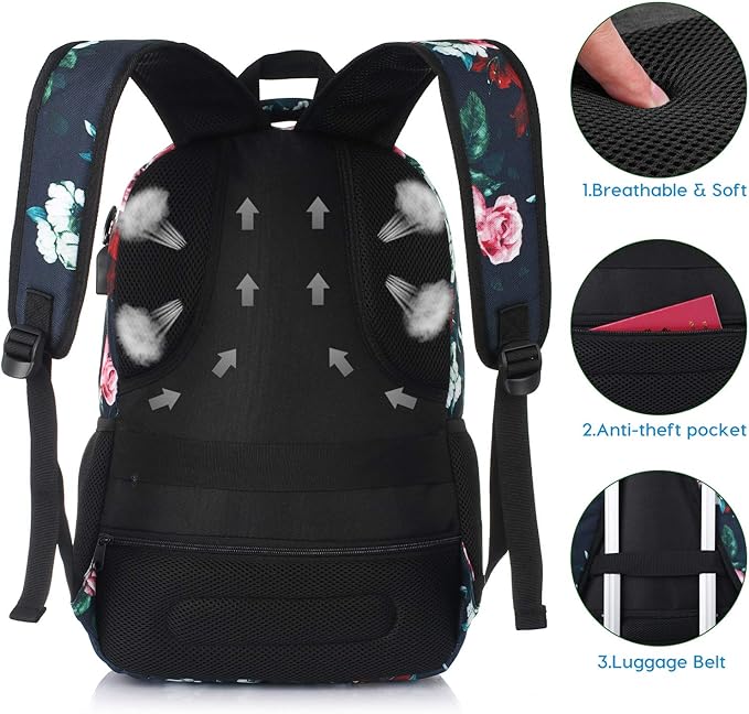 YAMTION Floral Backpack for Teen Girls, School/Travel, 35L, 19x11x6 Inch, USB, Water Repellent